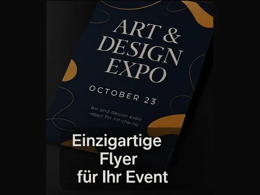 Flyer für eine «Art & Design Expo» in Dunkelblau mit goldenen Formen, dazu die Zeile «Einzigartige Flyer für Ihr Event»