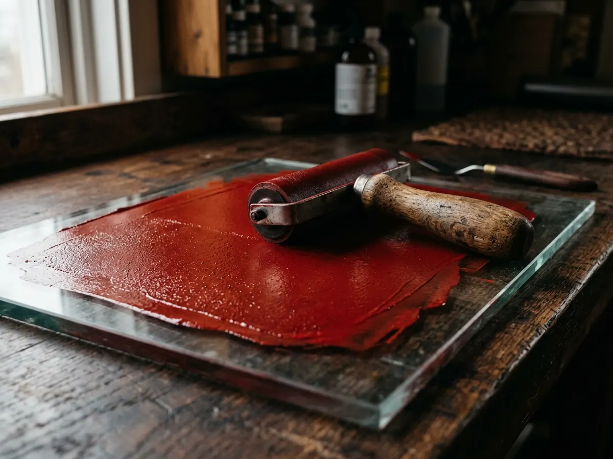 Tiefrote Druckfarbe auf einer Glasplatte, die Walze liegt darauf
