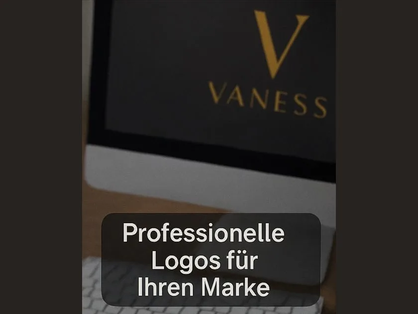 Logo «VANESS» in Gold auf einem Bildschirm, dazu die Zeile «Professionelle Logos für Ihren Marke»