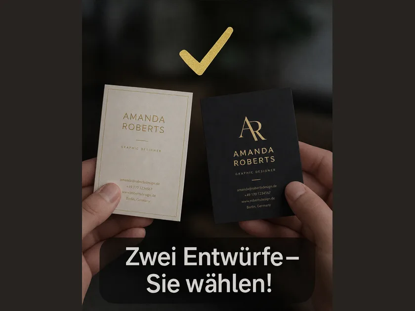 Zwei Hände halten zwei Visitenkarten-Entwürfe für «Amanda Roberts» — einen hellen und einen dunklen, beide mit Goldschrift —, dazu die Zeile «Zwei Entwürfe – Sie wählen!»