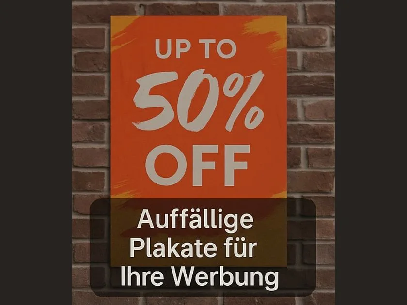Plakat «UP TO 50% OFF» an einer Backsteinwand, dazu die Zeile «Auffällige Plakate für Ihre Werbung»