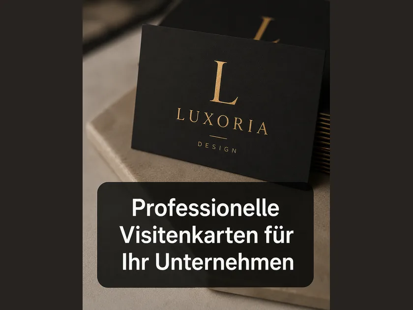 Stapel schwarzer Visitenkarten mit Goldprägung «L LUXORIA DESIGN», dazu die Zeile «Professionelle Visitenkarten für Ihr Unternehmen»